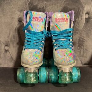 Holographic Roller Skates with Blue Glitter Wheels
